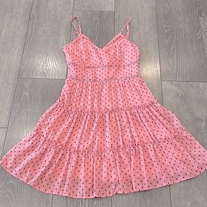 mauve pink-black polka dress low V neck